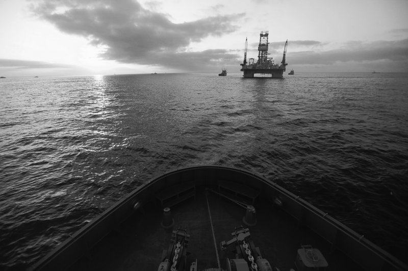 The Development Driller III, which is drilling a relief well, is seen at sunrise Saturday from the supply boat the Joe Griffin at the site of the Deepwater Horizon oil spill containment efforts in the Gulf of Mexico off the coast of Louisiana.