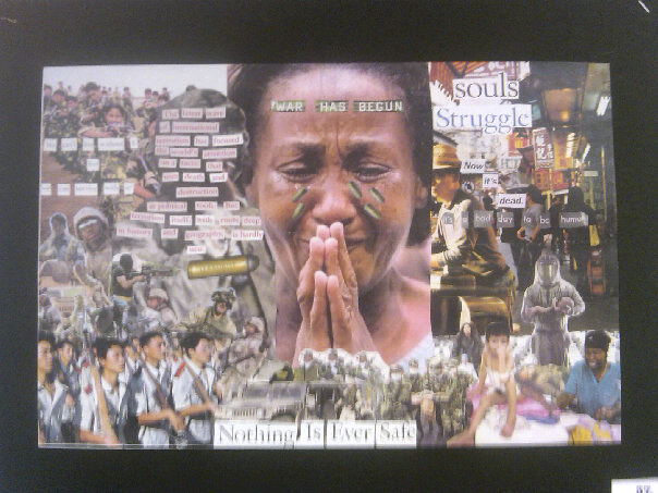 This poster, "War Has Begun," is part of the decor in teacher Paul Cliffords classroom at King Middle School in Portland.
