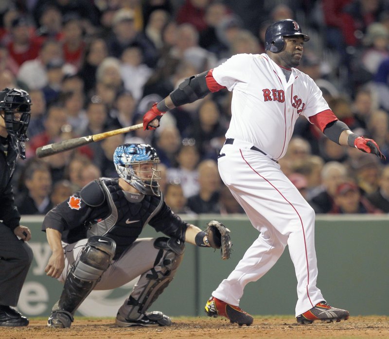 Big swing, but no, it is not a homer for David Ortiz, just an RBI single in a four-run second inning Monday night in Boston’s 7-6 home win against Toronto.
