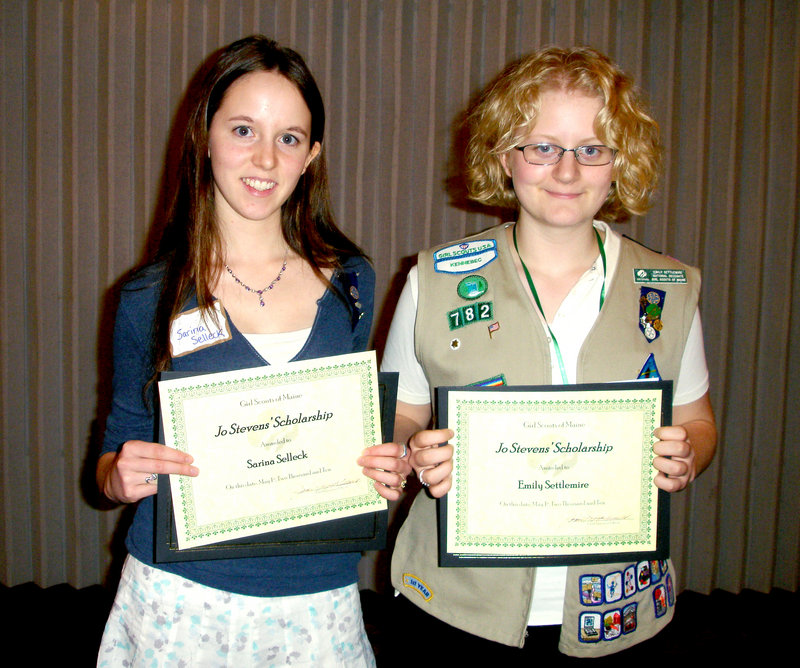 Graduating Girl Scouts Sarina Selleck, left, of Portland and Emily Settlemire of Warren received the Jo Stevens Award. To qualify for this award, Selleck and Settlemire had to write an essay explaining how their experience in Girl Scouts have influenced their career plans and goals.