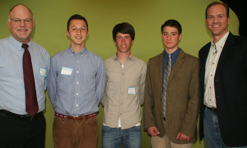 Three student poets earned top honors at the Third annual Merriconeag Poetry Festival at the Merriconeag Waldorf School. From left are festival organizer David Sloan, with third place winner Andrew Jones of Scarborough High, first place winner Christian Letourneau of Thornton Academy, second place winner Zak Konstantine of Merriconeag and festival judge Gibson Fay-LeBlanc.