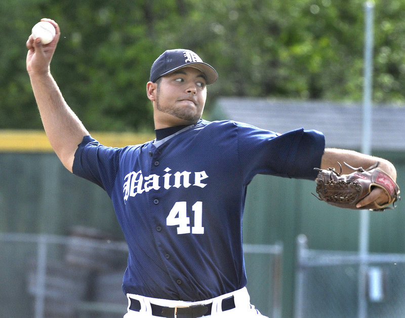 John Patriquin/Staff Photographer Maine starter Matt Jebb delivers a pitch in Tuesdays game against Northeastern at Goodall Park in Sanford. Jebb allowed two runs in seven innings and was not involved in the decision as Maine rallied for an 8-3 win.