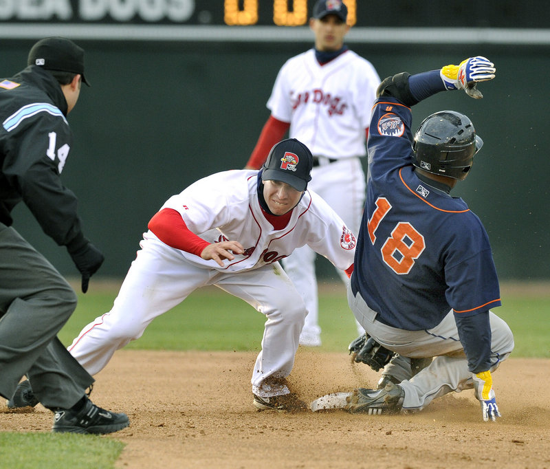 Sea Dogs second baseman Nate Spears makes the tag too late to get Binghamton's Brahiam Maldonado during Portland's 7-2 victory Wednesday night at Hadlock Field.