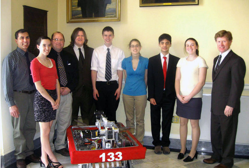 Senior members of the Bonny Eagle High School Robotics Team pose with state Sen. Bill Diamond, far left, at the State House, where they were recognized by the House of Representatives. From left are adviser John DiRenzo, Cori Simmons, adviser Mike Matthews, Devan Arnold, Eric Trumble, Janell Biczak, Ben Hall and Ashley Cox.