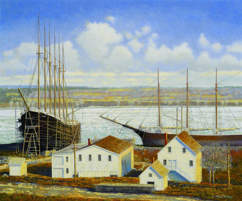 The photo of the painting depicts Bath and is titled "Wyoming on the Ways." It's on page 77 of Loretta Krupinski's "Looking Astern: An Artist's View of Maine's Historic Working Waterfronts."