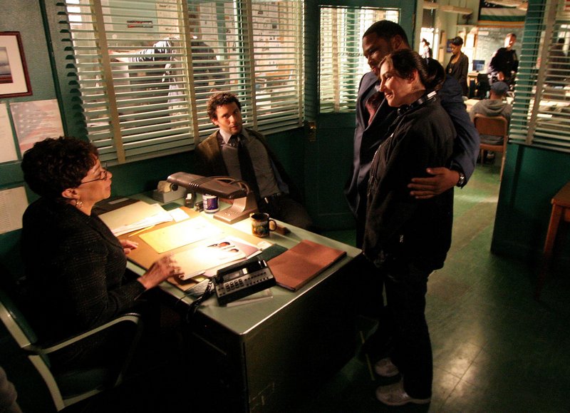 Actors S. Epatha Merkerson, Jeremy Sisto, Anthony Anderson and director Marisol Torres are shown on the set of “Law & Order” in New York in this April 17, 2008 file photo. NBC announced Friday that the series was being canceled.