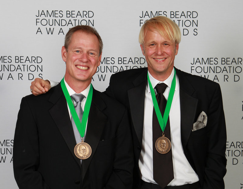 Happiness is: Mark Gaier, left, and Clark Frasier smile for the cameras moments after winning their James Beard award for Best Chef in the Northeast.