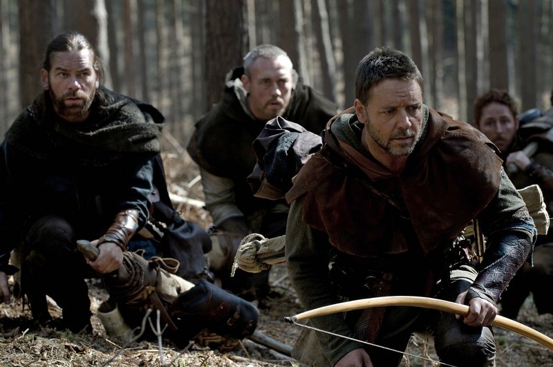 Russell Crowe is shown as English outlaw Robin Hood with his Merry Men in a scene from the movie from director Ridley Scott released by Universal Pictures.