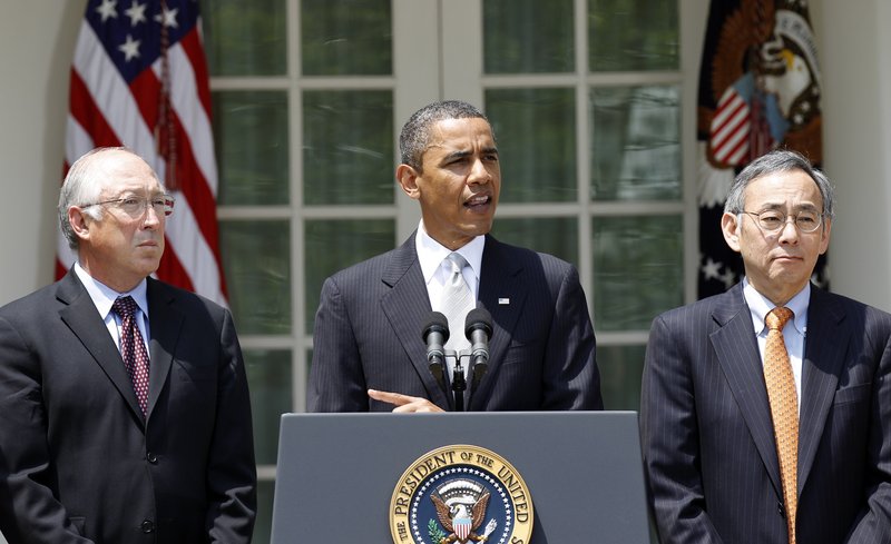 President Obama delivers remarks Friday on the BP oil spill, flanked by Interior Secretary Ken Salazar, left, and Energy Secretary Steven Chu. The president relies heavily on traditional paths to America’s hearts and minds, such as this televised Rose Garden statement.