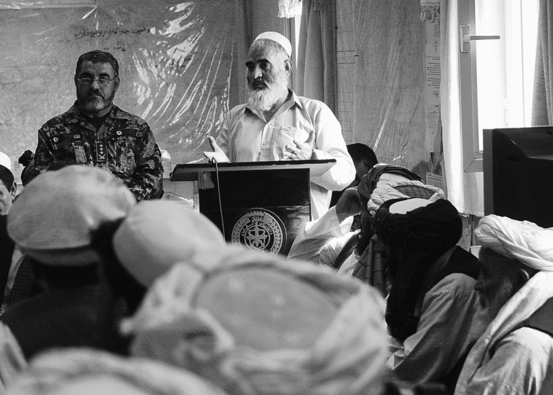 Haji Gulam Farouk, who said he spent three years in American prisons, speaks at a special release ceremony allowing him and 10 other Afghan detainees to return home on Saturday.