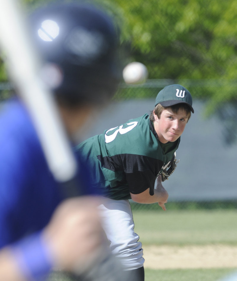 Charlie Laprade of Waynflete delivers a pitch during a 3-2 win over Old Orchard Beach in a Western Maine Conference game Monday. Laprade allowed four hits in six innings.