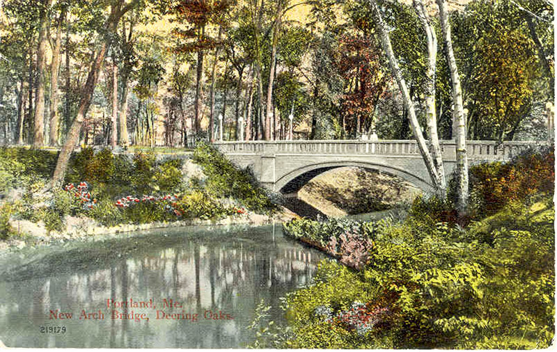 A vintage postcard shows the New Arch Bridge in Portland’s Deering Oaks.