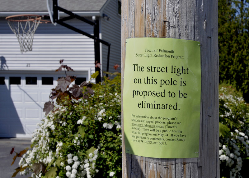 This light on Andrews Avenue is one of several in the neighborhood that might be removed as part of the Falmouth streetlight reduction program, which aims to save the town money.