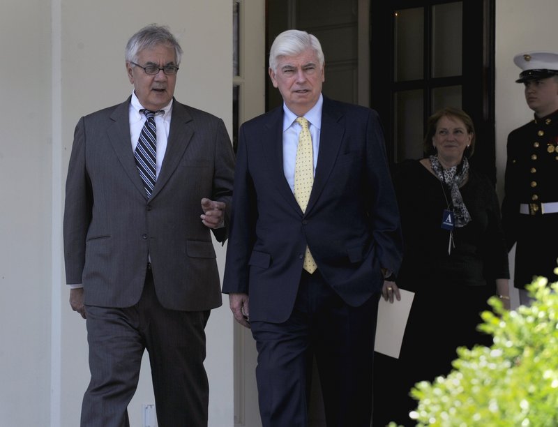 Sen. Christopher Dodd, D-Conn., right, and Rep. Barney Frank, D-Mass., leave the White House after their meeting with President Obama on Friday on financial reform.