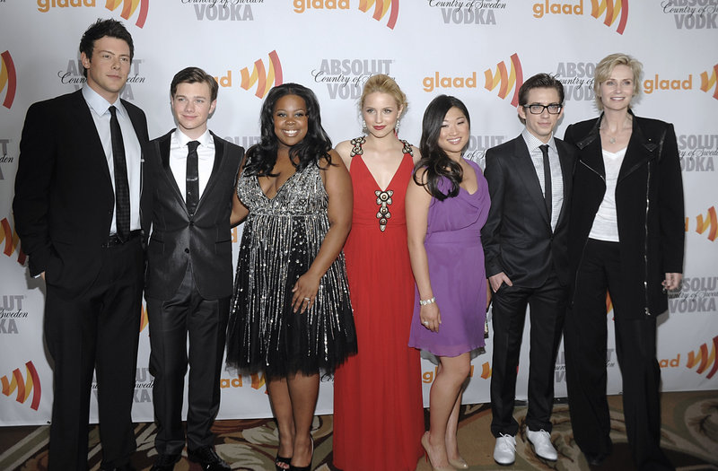 The cast of "Glee" includes Jane Lynch, far right.