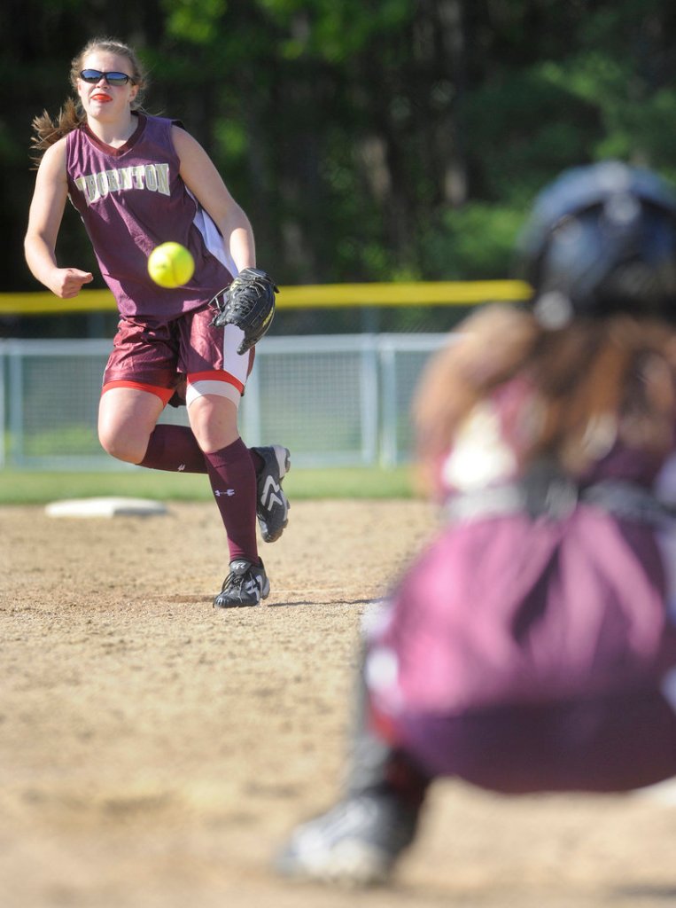 Julia Geaumont of Thornton Academy delivers a pitch to a McAuley batter in Friday's game at Saco. Geaumont had a three-run homer in Thornton's 11-10 win.