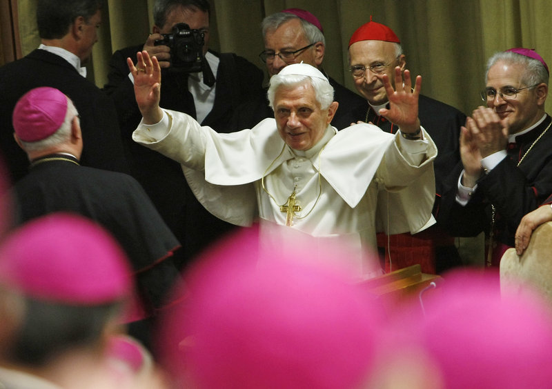 Pope Benedict XVI waves after meeting with Italian bishops at a conference at the Vatican last week. An Illinois priest sex-abuse case illustrates a dilemma he faced as a cardinal.