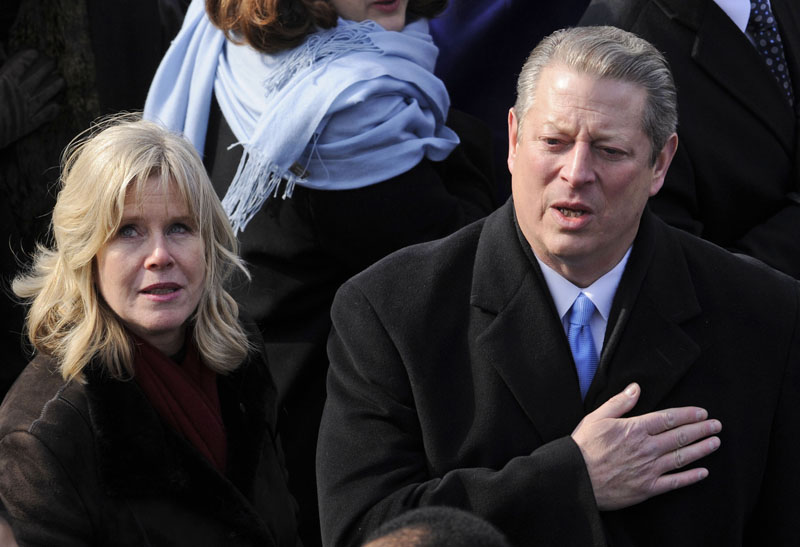 In this Jan. 20, 2009, photo, former Vice President Al Gore and his wife Tipper, listen to the national anthem at the conclusion of inaugural ceremonies for Barack Obama on Capitol Hill.