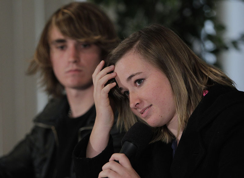 Abby Sunderland, the 16-year-old girl who attempted to sail around the world, listens to a question as she is joined by her brother Zac during a news conference in Marina Del Rey, Calif., today.