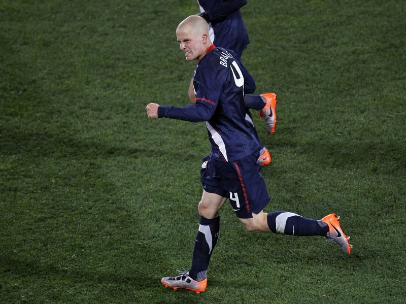 United States' Michael Bradley celebrates after scoring during the World Cup group C soccer match between Slovenia and the United States in Johannesburg today. The match ended in a 2-2 draw.