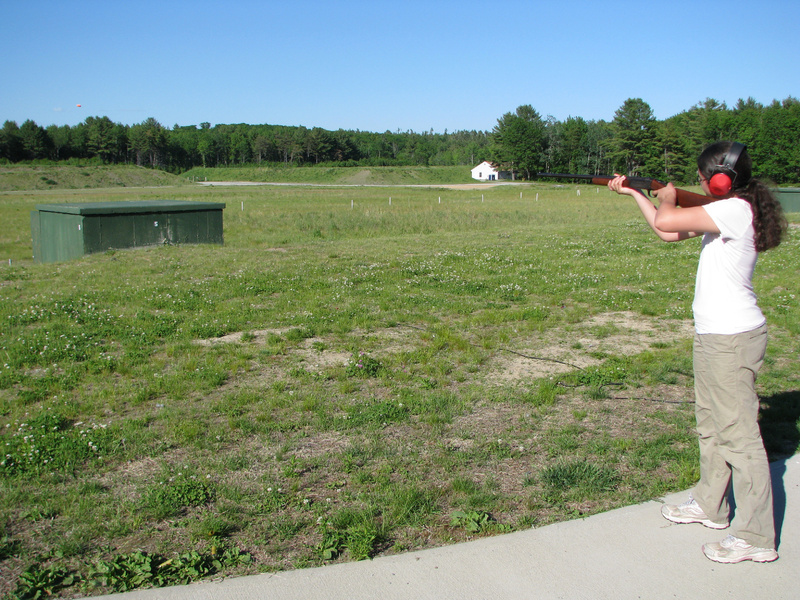 The 14-year-old Almeida daughter takes aim at a just-released clay, far left, with a borrowed 20-gauge shotgun at Scarborough Fish & Game. Although she’s involved with a 4-H shooting sports rifle team, using a shotgun is a very different experience.