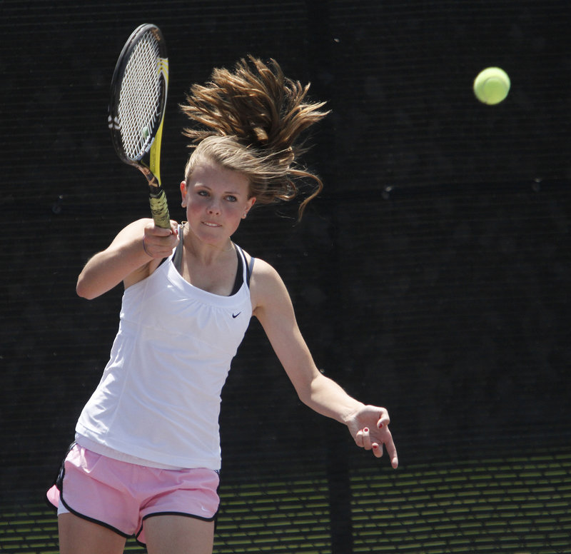 Falmouth’s Analise Kump, the No. 1 seed in the girls’ tournament, couldn’t complete a second-set comeback against Brunswick’s Elena Mandzhukova.