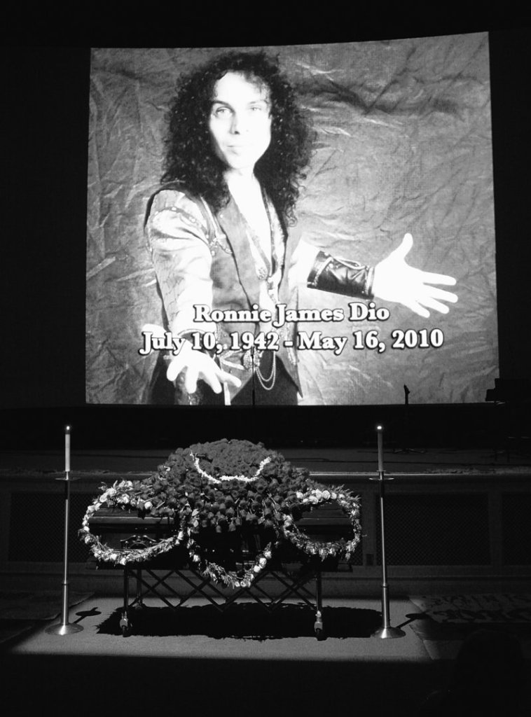 The casket of heavy-metal singer Ronnie James Dio is displayed during a public memorial service in Los Angeles on Sunday.