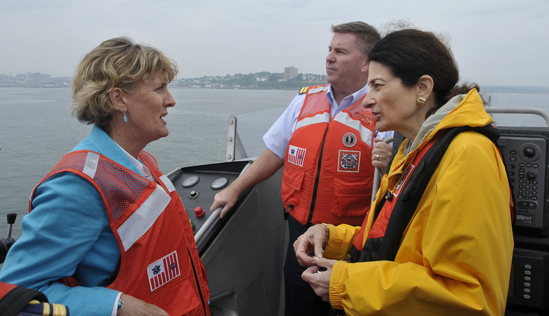Sen. Olympia Snowe tours Portland Harbor on Tuesday with Capt. James McPherson, commander of the Coast Guard sector based in South Portland, and Barbara Parker, director of the state DEP’s Division of Response Services. “You’ve put us in a proactive position” for dealing with a massive oil spill off the Maine coast, she told them.