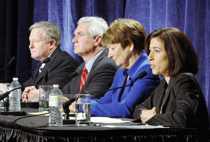 The four Democratic candidates for governor – from left, Patrick McGowan, Steven Rowe, Elizabeth Mitchell and Rosa Scarcelli – participate in a debate in Portland on April 28.