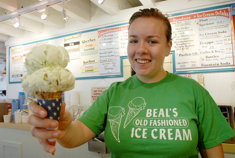 Madeleine Paine with two scoops of pistachio nut at Beal’s in Portland, which narrowly edged Gelato Fiasco in Brunswick for Best Ice Cream
