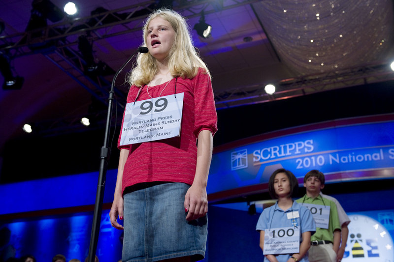 Lily Jordan of Cape Elizabeth participates in the preliminary rounds of the Scripps National Spelling Bee in Washington on Thursday. Lily spelled two words correctly in front of the large crowd, but did not advance to the semifinals.