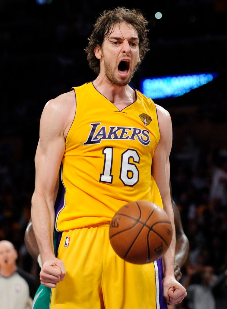 Paul Gasol of the Los Angeles Lakers reacts after a dunk Thursday night during the opening game of the NBA finals against the Boston Celtics. Gasol had 23 points and 14 rebounds in a 102-89 victory.