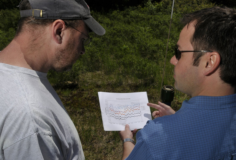 Poland Spring geologist Mark Dubois, right, explains to reporter Ray Routhier how the company keeps data on the water tables on its property. He is showing a chart on historic water level trends for the past decade.