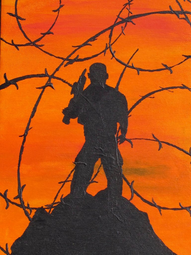 A self-portrait shows Bravo Company Sgt. San Pao standing in silhouette on a mountain peak, one of many paintings he’s created at his combat outpost in eastern Afghanistan.