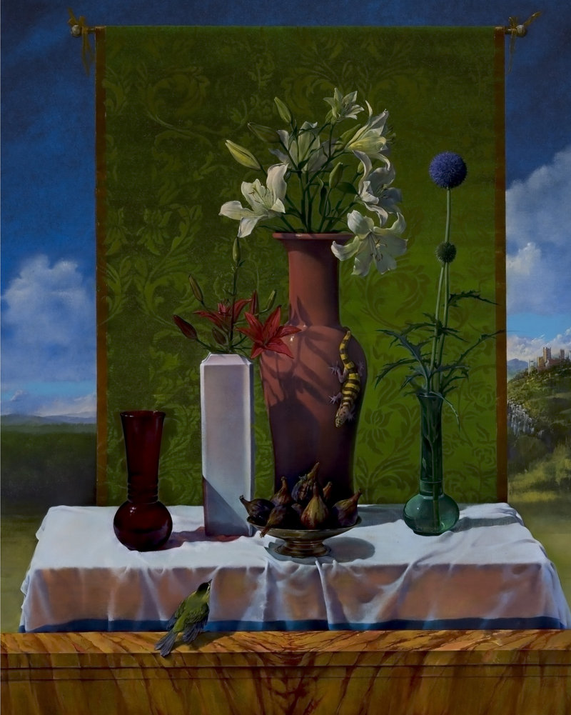 Joseph Nicoletti’s “Still Life After Bellini,” 2003, oil on canvas, 50 by 40 inches, at the Bates College Museum of Art in Lewiston