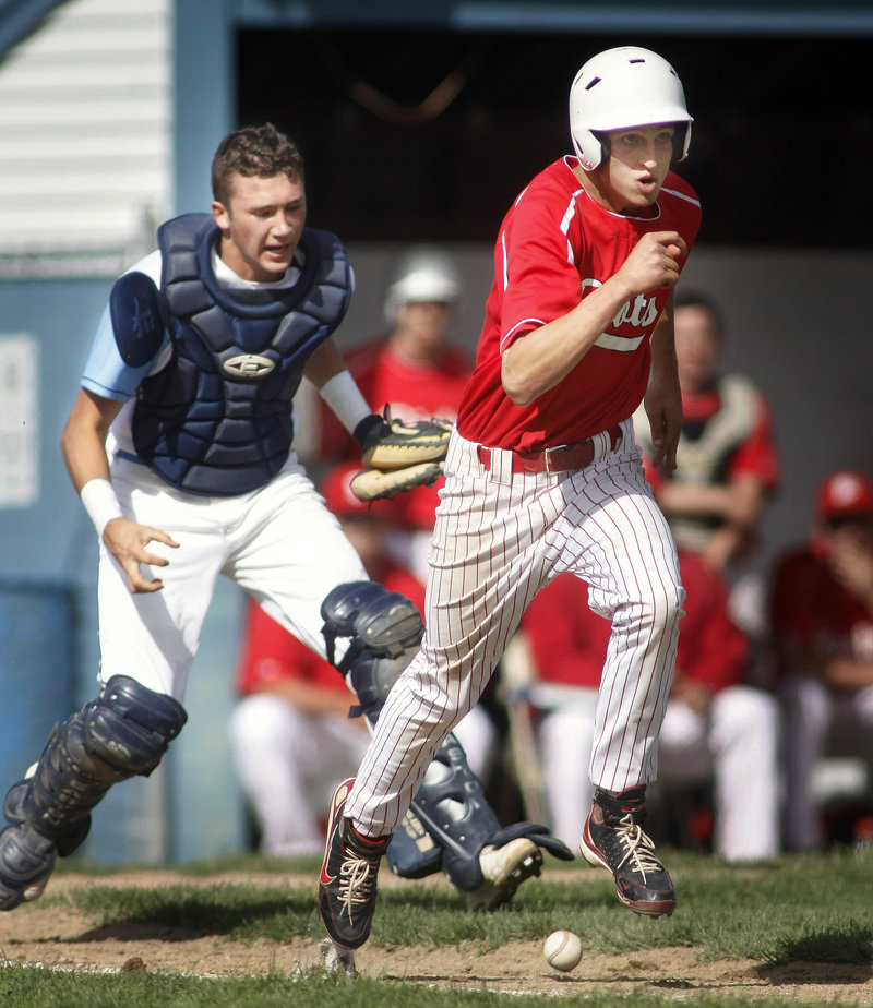 Paul Reny of South Portland dashes down the first-base line as Westbrook catcher Tom Lemay prepares to field the dribbler in front of the plate at Olmsted Field.