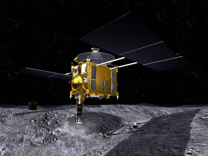 Artist’s rendering shows the Japanese space probe Hayabusa collecting dust on Asteroid Itokawa, 180 million miles from Earth. Scientists scanning the sky over the Australian Outback late Sunday saw a burst of light that signaled the long-delayed return of the spacecraft and its capsule.