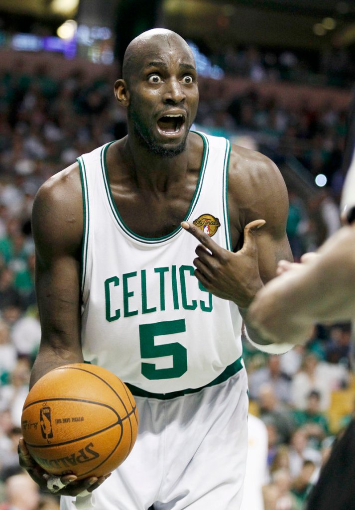 Boston’s Kevin Garnett reacts to a call by referee Joe Crawford late in Game 5 of the NBA finals Sunday night. Garnett and the Celtics earned a 92-86 victory. They’re now one win away from an 18th NBA championship.