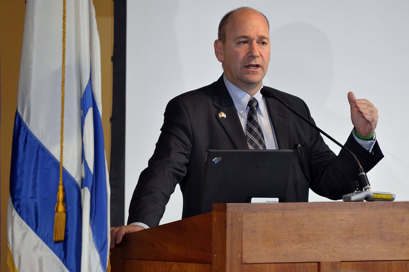 Nadav Tamir, Israel’s consul general to New England, speaks at the University of Southern Maine’s Glickman Family Library in Portland on Monday.