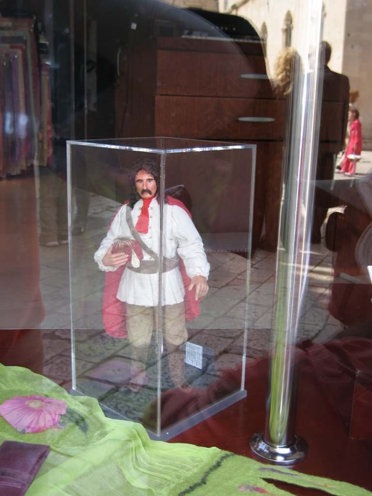 At the Croata boutique in Dubrovnik, a figure of a scarf-wearing, 17th-century Croatian soldier is in the window.