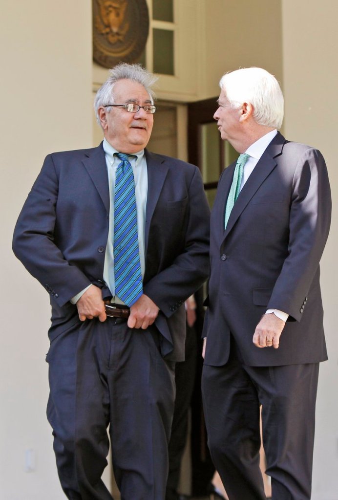Sen. Christopher Dodd, D-Conn., right, the Senate Banking Committee chairman, is seen with Rep. Barney Frank, D-Mass., in March. Dodd is the Senate’s leader on financial reform, while his wife, Jackie Clegg, serves on a board that has a big stake in the overhaul.