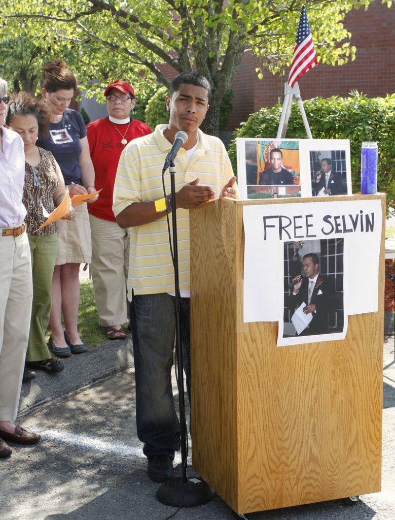 Isai Galvez speaks at a vigil last month for Selvin Arevalo, who has been held at the Cumberland County Jail since April on charges that he violated immigration laws.