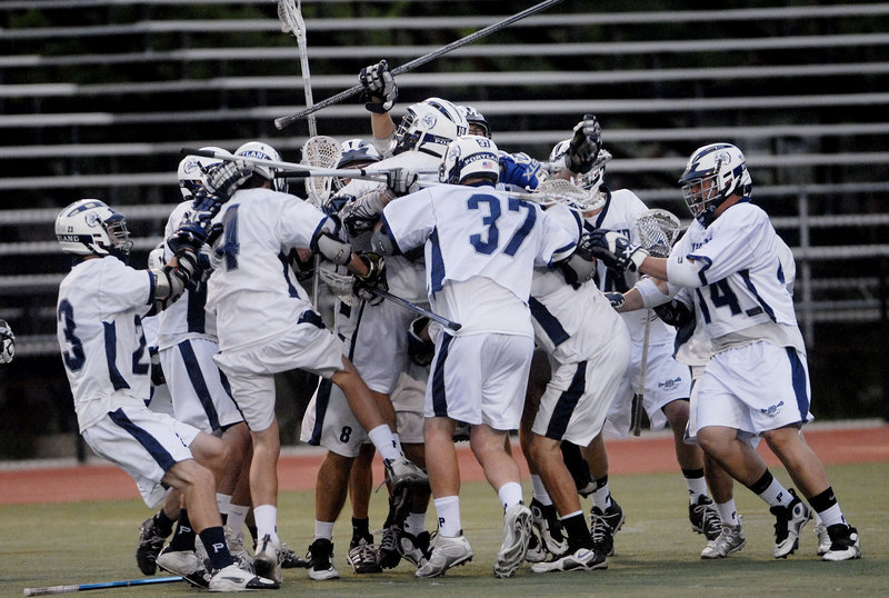 The Portland High boys' lacrosse team was tested – very much tested – but earned its celebration Wednesday night by scoring two goals in the final three minutes to subdue Messalonskee of Oakland for a 10-8 victory in the Eastern Class A final at Fitzpatrick Stadium.