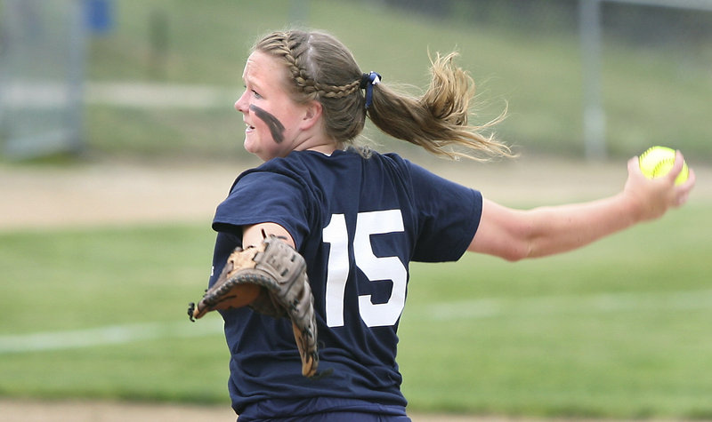 Charlotte Lewis of Fryeburg Academy delivers a pitch against Maranacook during the Western Class B championship game at St. Joseph's College.