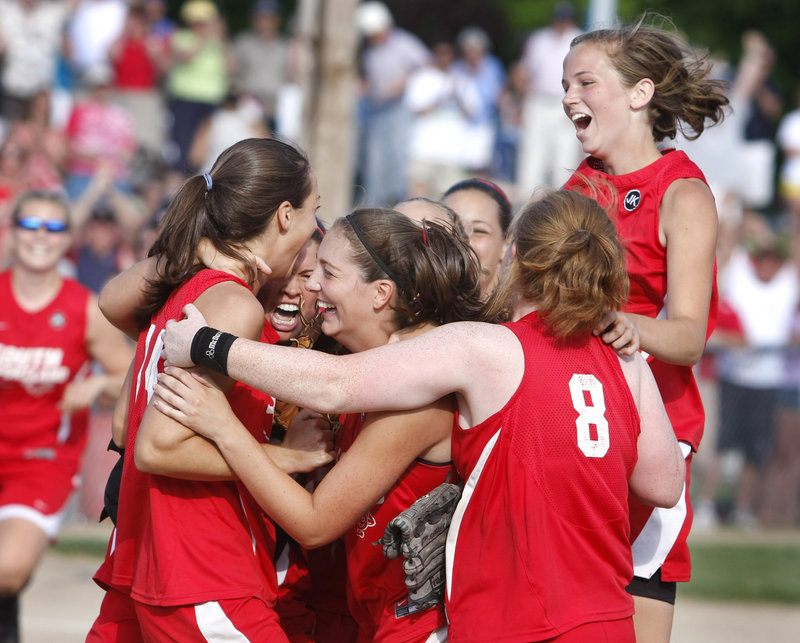 With their first Class A softball state championship tucked away Saturday, South Portland had plenty of reason to celebrate. The Red Riots defeated Bangor 1-0 on a three-hitter by Alexis Bogdanovich and Katlin Norton's winning RBI double.