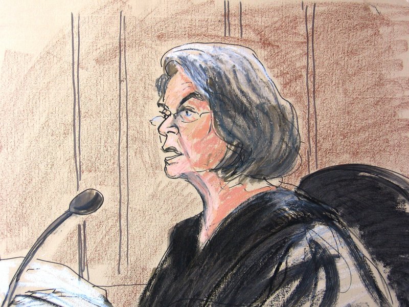 In an artist’s depiction of the courtroom scene, U.S. District Judge Miriam Goldman Cederbaum hears Faisal Shahzad plead guilty Monday in federal court to carrying out the failed Times Square car bombing May 1.
