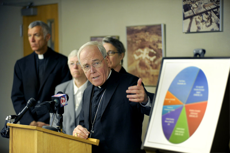 Diocese of Portland Bishop Richard Malone talks about the capital campaign Wednesday during a news conference at the chancery on Ocean Avenue. "Catholic people in Maine want to support the church, even in, and perhaps because of, hard times," the bishop said.