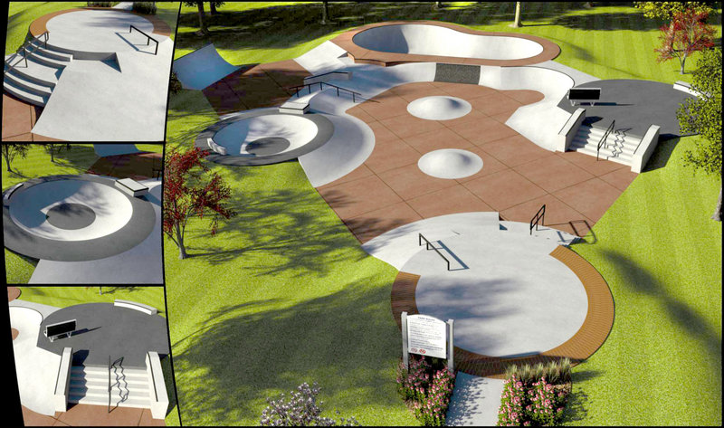 This rendering shows a skate park planned for Dougherty Field in Portland. The design is suitable for all skill levels of skateboarders and bikers, the builder says.