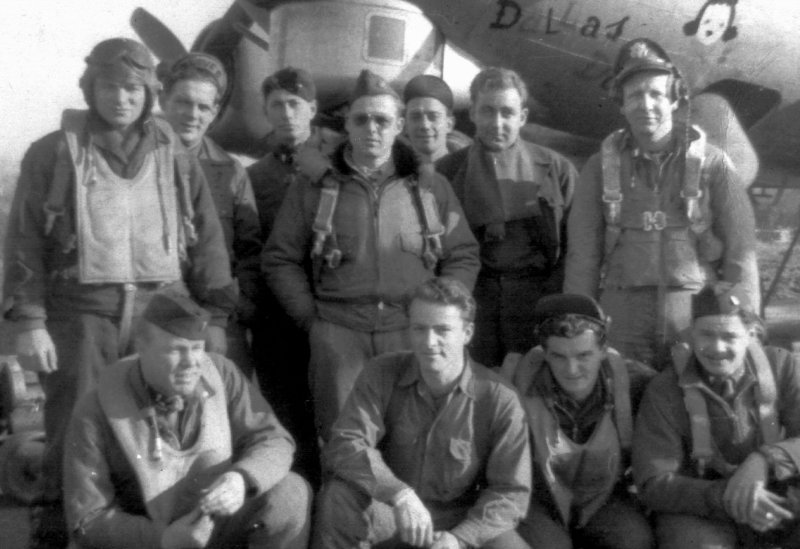 Lt. Col. Arnold M. Bryant, standing at far left, was the navigator on a B-18 bomber that flew 29 combat missions over France and Germany during World War II.