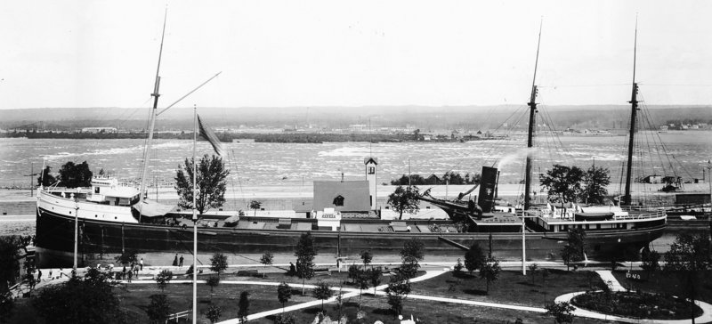 The L.R. Doty is seen at the Soo Locks in Sault Ste. Marie, Mich., in this 1896 photo provided by the Historical Collections of the Great Lakes. Maritime historians say they have found the wooden steamship, which sank more than a century ago in a violent Lake Michigan storm.